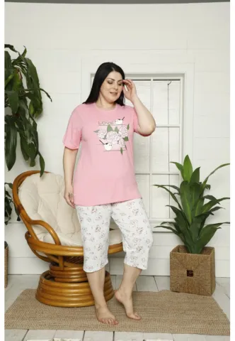 Pijama dama din bumbac cu imprimeu Love, tricou si pantaloni 3/4, roz hover