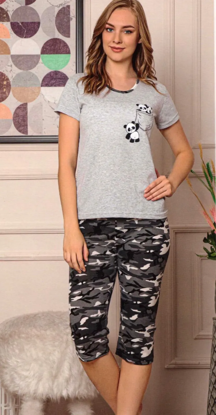 Pijama dama din bumbac cu imprimeu panda, maneca scurta si pantaloni 3/4 - 1