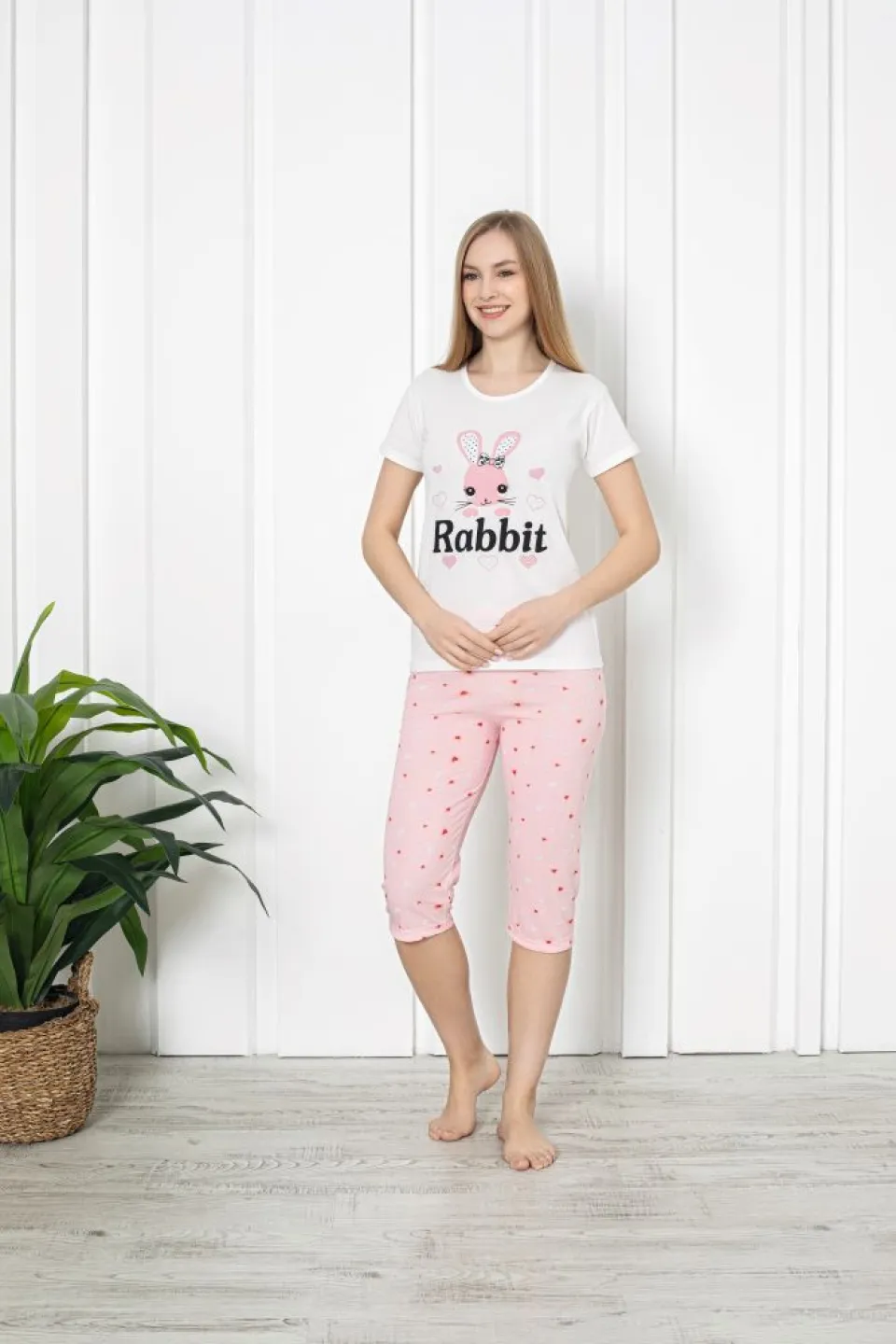 Pijama dama din bumbac cu imprimeu "Rabbit", maneca scurta si pantaloni 3/4, alb - 1