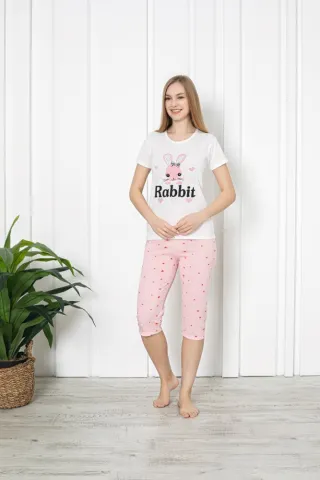 Pijama dama din bumbac cu imprimeu "Rabbit", maneca scurta si pantaloni 3/4, alb