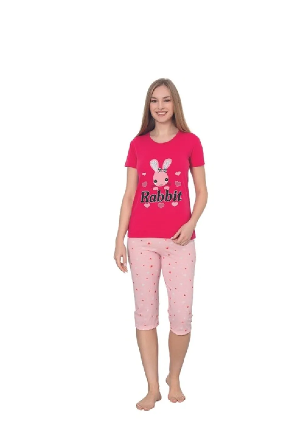 Pijama dama din bumbac cu imprimeu "Rabbit", maneca scurta si pantaloni 3/4, roz - 1