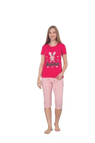 Pijama dama din bumbac cu imprimeu "Rabbit", maneca scurta si pantaloni 3/4, roz