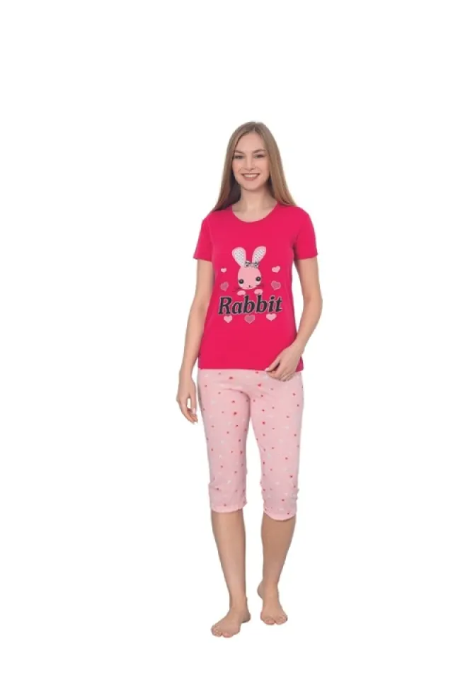 Pijama dama din bumbac cu imprimeu "Rabbit", maneca scurta si pantaloni 3/4, roz