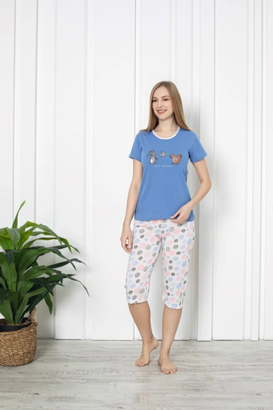 Pijama dama din bumbac, imprimeu ,,Best Friends'', maneca scurta si pantaloni 3/4, albastru - 1