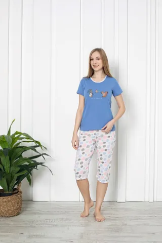 Pijama dama din bumbac, imprimeu ,,Best Friends'', maneca scurta si pantaloni 3/4, albastru