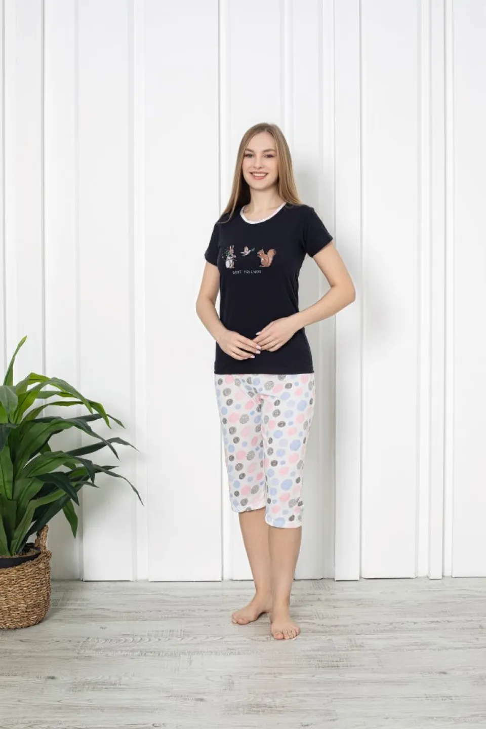 Pijama dama din bumbac, imprimeu ,,Best Friends'', maneca scurta si pantaloni 3/4, negru - 1