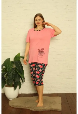 Pijama dama din bumbac, imprimeu ,,Sense Of Beauty'', maneca scurta si pantaloni 3/4, roz hover