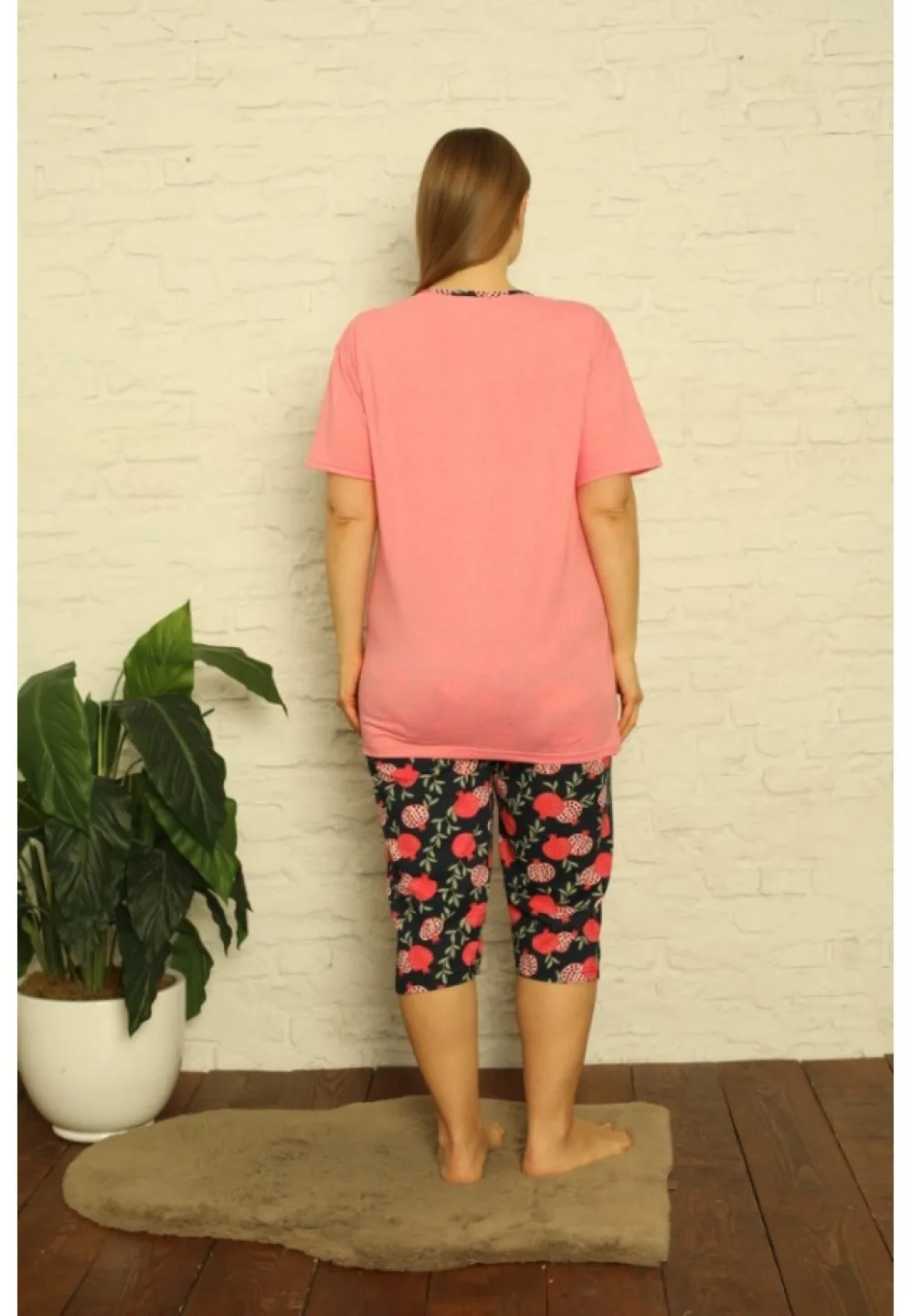 Pijama dama din bumbac, imprimeu ,,Sense Of Beauty'', maneca scurta si pantaloni 3/4, roz - 3