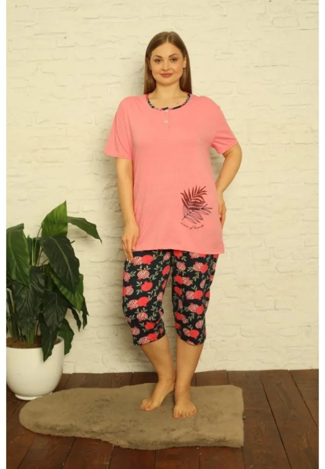 Pijama dama din bumbac, imprimeu ,,Sense Of Beauty'', maneca scurta si pantaloni 3/4, roz