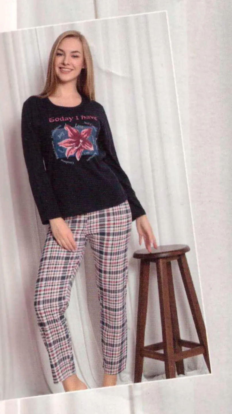 Pijama dama din bumbac, imprimeu ,,Today I Have'', maneca lunga si pantaloni lungi, negru - 1