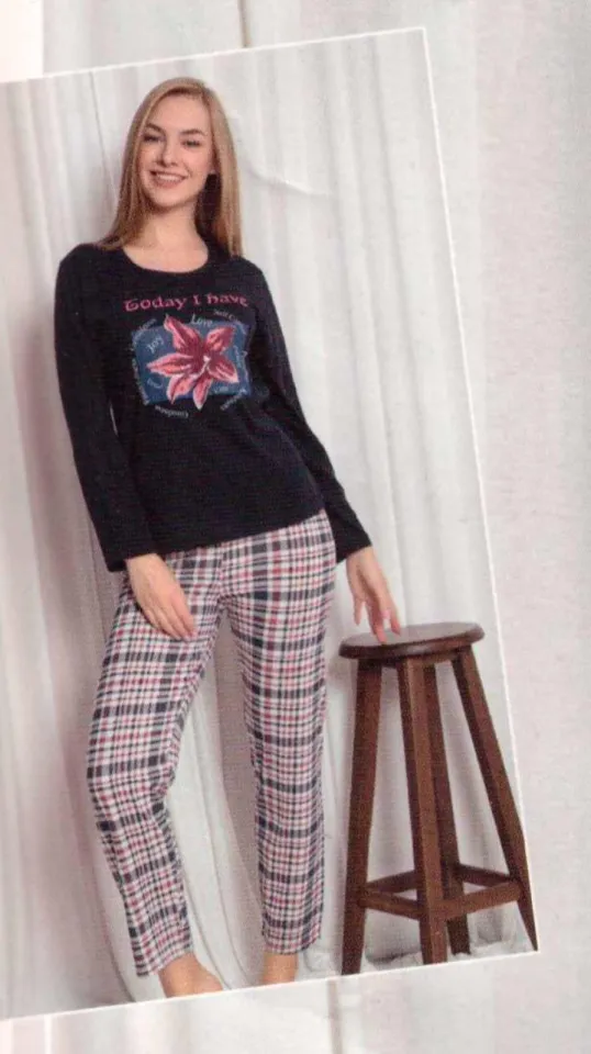 Pijama dama din bumbac, imprimeu ,,Today I Have'', maneca lunga si pantaloni lungi, negru
