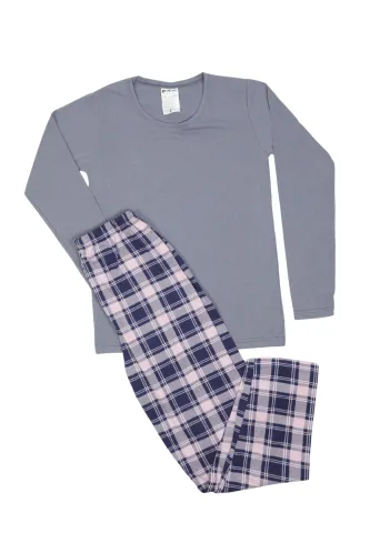 Pijama damă din bumbac, mânecă lungă și pantaloni lungi, imprimeu carouri, gri