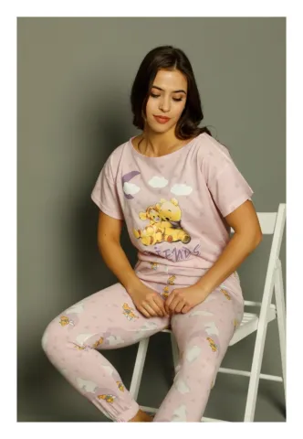 Pijama dama din bumbac Serena cu imprimeu ,,Friends'', maneca scurta si pantaloni lungi hover