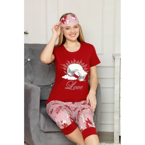 Pijama dama din bumbac, tricou si pantaloni 3/4 cu manseta, imprimeu Love, masca de dormit asortata hover