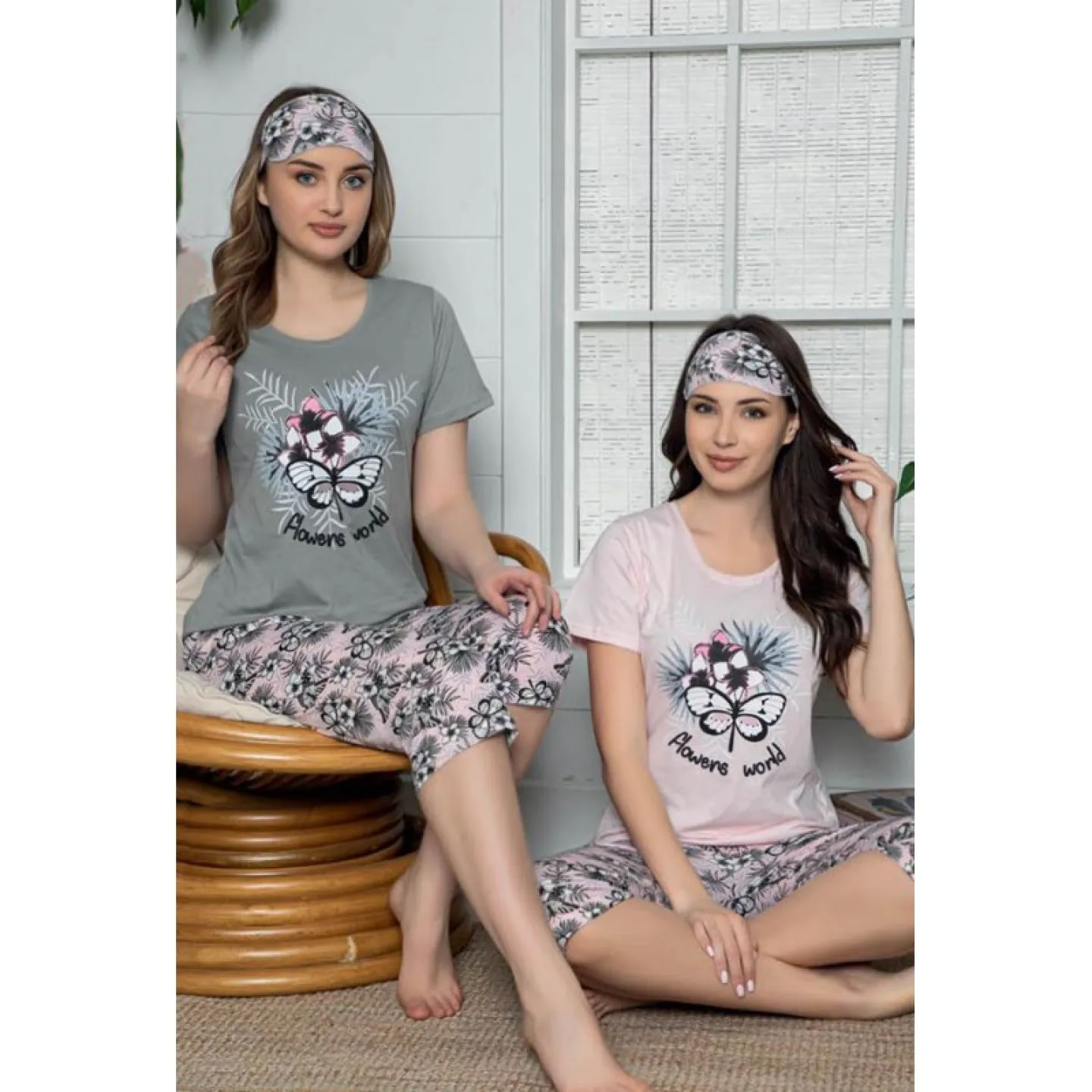 Pijama Dama din Bumbac – Set cu Tricou “Flowers World” și Pantaloni 3/4, Masca de Dormit, Roz - 1