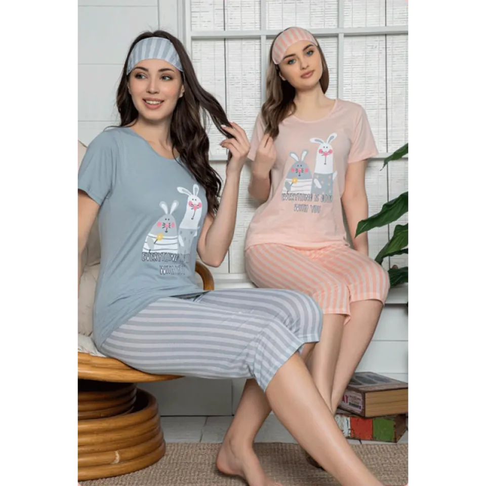Pijama Dama din Bumbac – Set Tricou cu Iepurași și Pantaloni 3/4, Masca de Dormit, gri