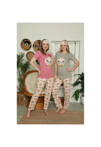 Pijama Dama din Bumbac – Set cu Tricou „I Love Pizza” și Pantaloni Lungi, Masca de Dormit, gri hover
