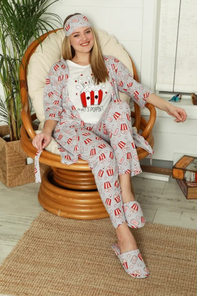 Pijama damă din bumbac, trei piese, cu papuci de casă și mască de dormit