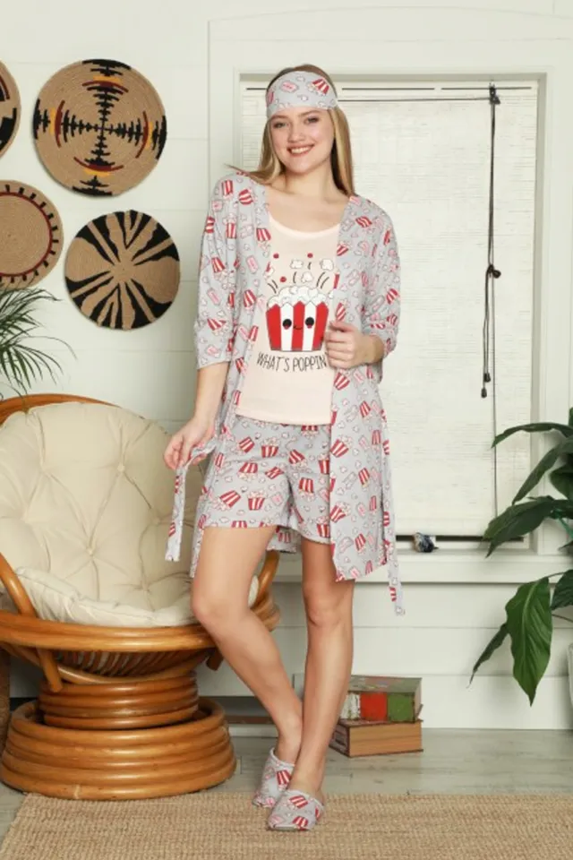 Pijama damă din bumbac, trei piese, cu papuci și mască de dormit