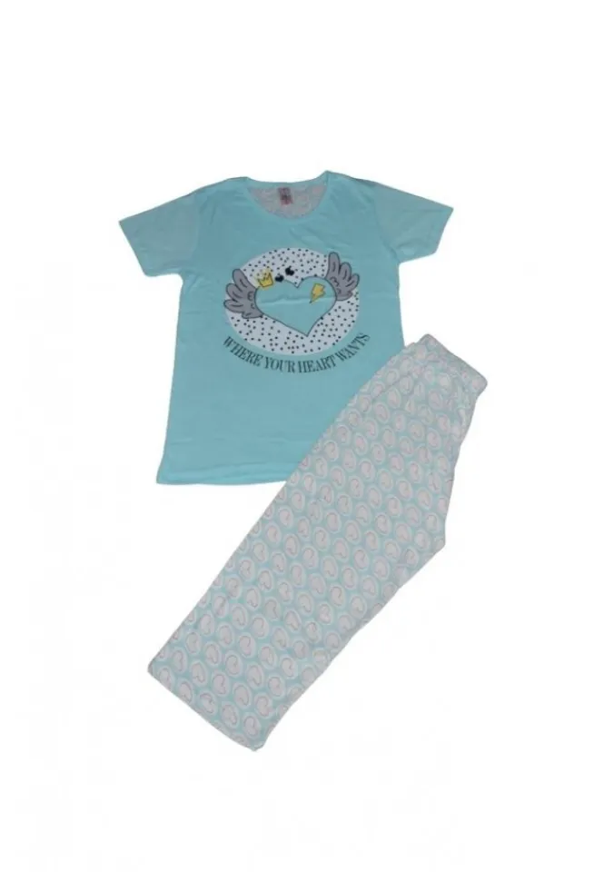 Pijama dama din bumbac, tricou albastru cu imprimeu cu inima și pantaloni 3/4 asortați