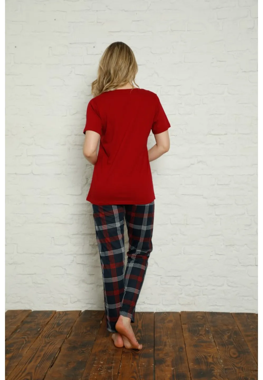 Pijama dama din bumbac, tricou cu imprimeu ,,His Queen'' și pantaloni lungi asortați - 2