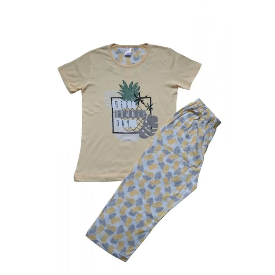 Pijama dama din bumbac, tricou galben cu imprimeu "Best summer day" și pantaloni 3/4 asortați