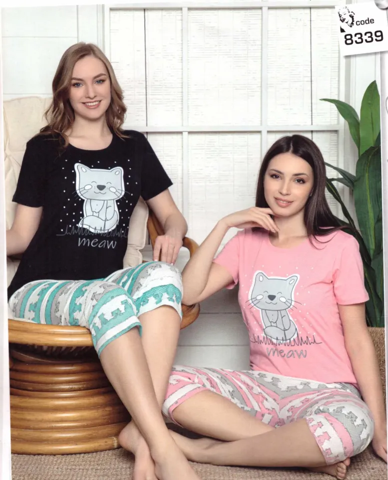 Pijama dama din bumbac, tricou roz cu imprimeu Pisica si pantaloni 3/4