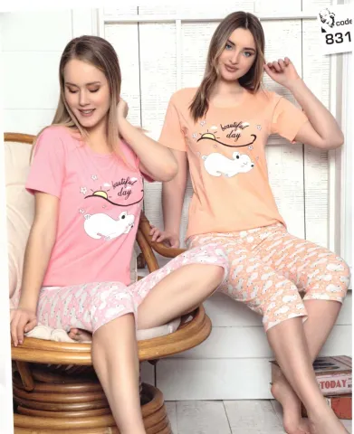 Pijama dama din bumbac, tricou roz cu imprimeu „Beautiful Day” și pantaloni 3/4 asortați