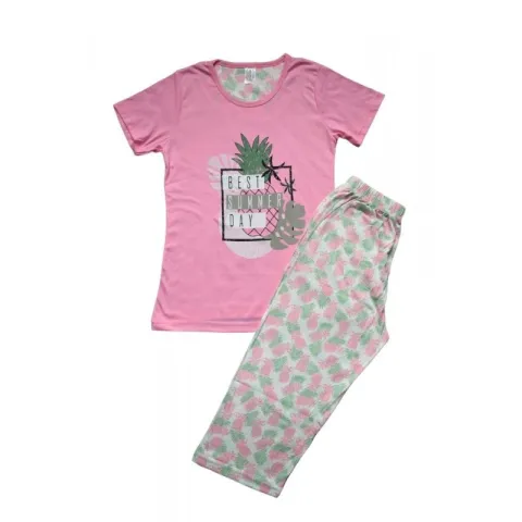 Pijama dama din bumbac, tricou roz cu imprimeu "Best summer day" și pantaloni 3/4 asortați