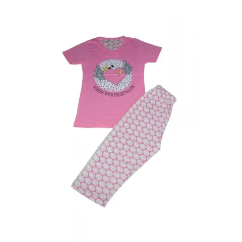 Pijama dama din bumbac, tricou roz cu imprimeu cu inima și pantaloni 3/4 asortați