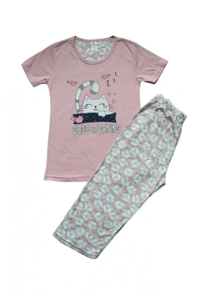 Pijama dama din bumbac, tricou roz cu imprimeu ,,Good Morning'' și pantaloni 3/4 asortați