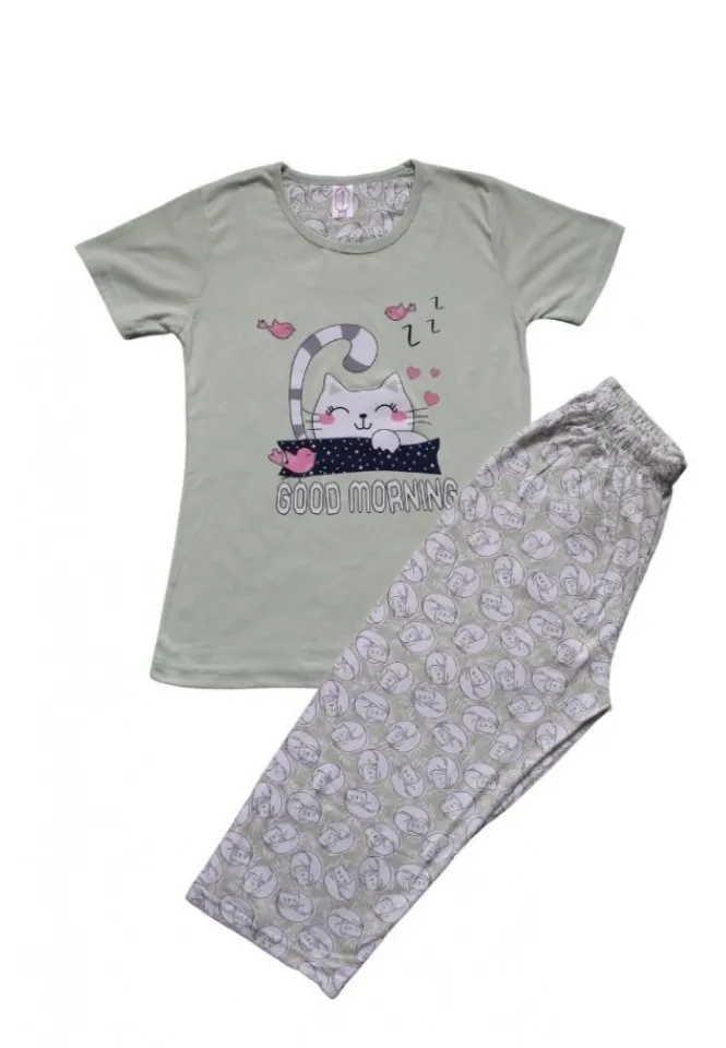 Pijama dama din bumbac, tricou verde  cu imprimeu ,,Good Morning'' și pantaloni 3/4 asortați