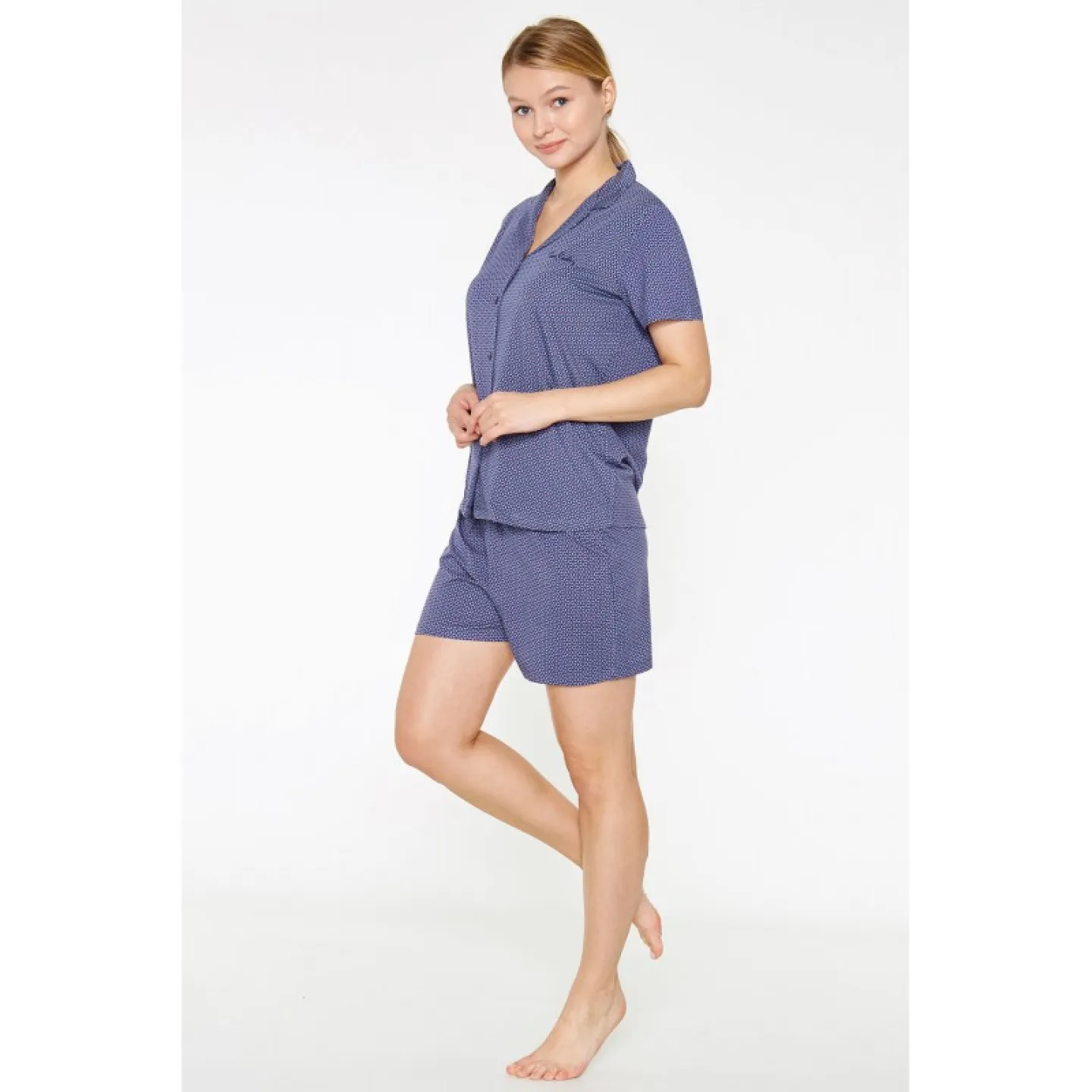 Pijama Dama din Viscoză – Bluza cu Mâneci Scurte și Pantaloni Scurți cu Elastic în Talie, Bleumarin - 2