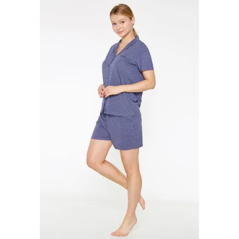 Pijama Dama din Viscoză – Bluza cu Mâneci Scurte și Pantaloni Scurți cu Elastic în Talie, Bleumarin hover