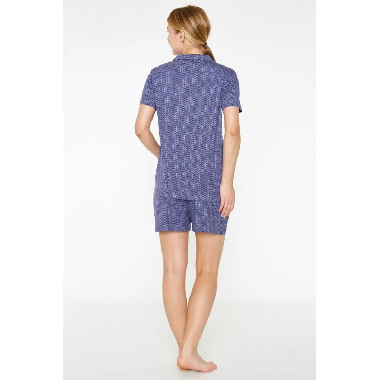 Pijama Dama din Viscoză – Bluza cu Mâneci Scurte și Pantaloni Scurți cu Elastic în Talie, Bleumarin - 3