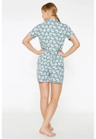 Pijama Dama din Viscoză – Bluza cu Mâneci Scurte și Pantaloni Scurți cu Elastic în Talie, Imprimeu Papadie, Verde hover