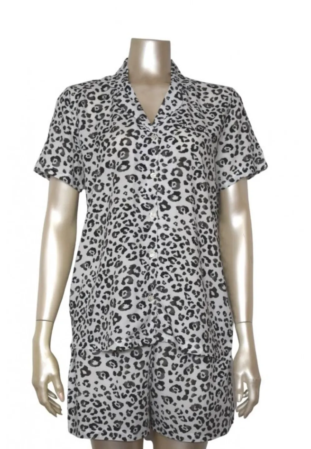 Pijama Dama din Viscoză – Bluza cu Mâneci Scurte și Pantaloni Scurți cu Elastic în Talie, Leopard, alb-negru - 1