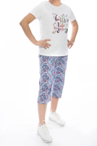 Pijama damă Freenight alb, bumbac, imprimeu „Girls Rule Galaxy”, tricou, pantaloni 3/4