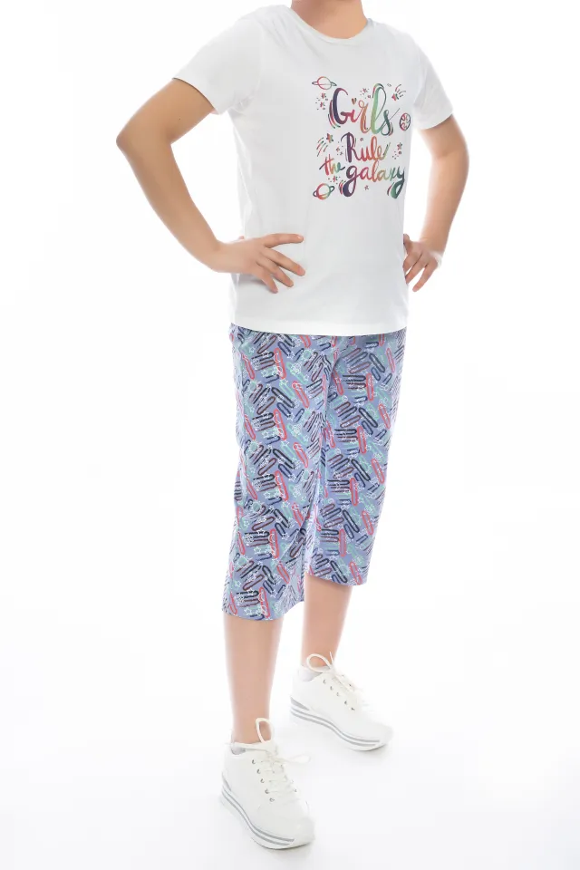 Pijama damă Freenight alb, bumbac, imprimeu „Girls Rule Galaxy”, tricou, pantaloni 3/4