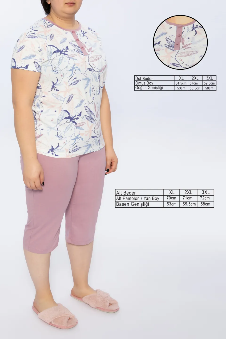 Pijama damă Freenight mov, bumbac, imprimeu frunze, tricou, pantaloni 3/4 - 1