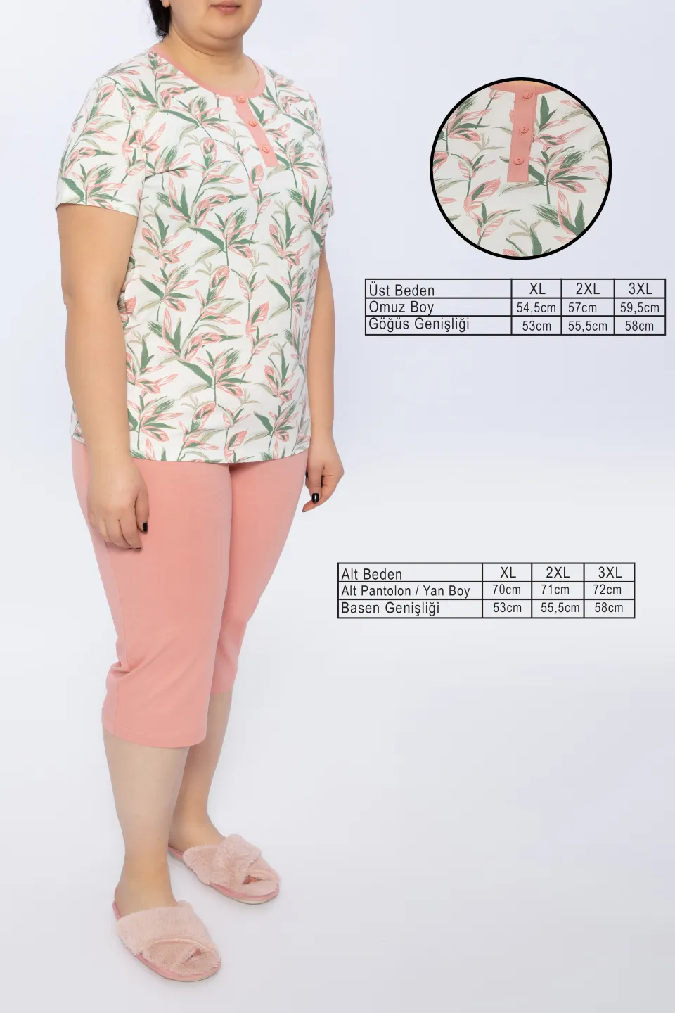 Pijama damă Freenight roz, bumbac, imprimeu frunze, tricou, pantaloni 3/4 - 1