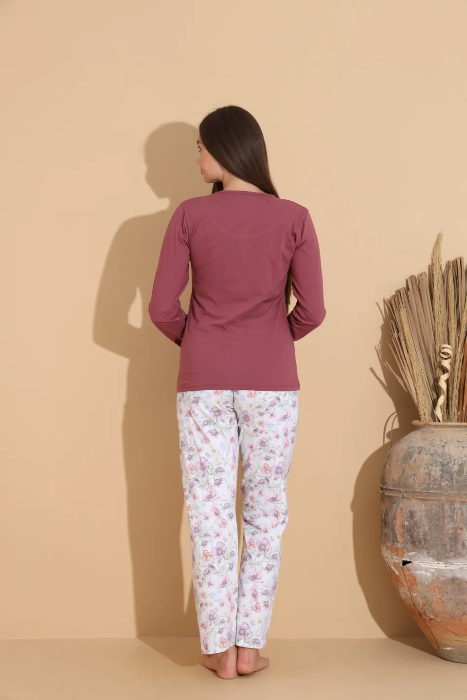 Pijama damă grena „PARIS” cu pantaloni lungi floral – 100% bumbac - 6