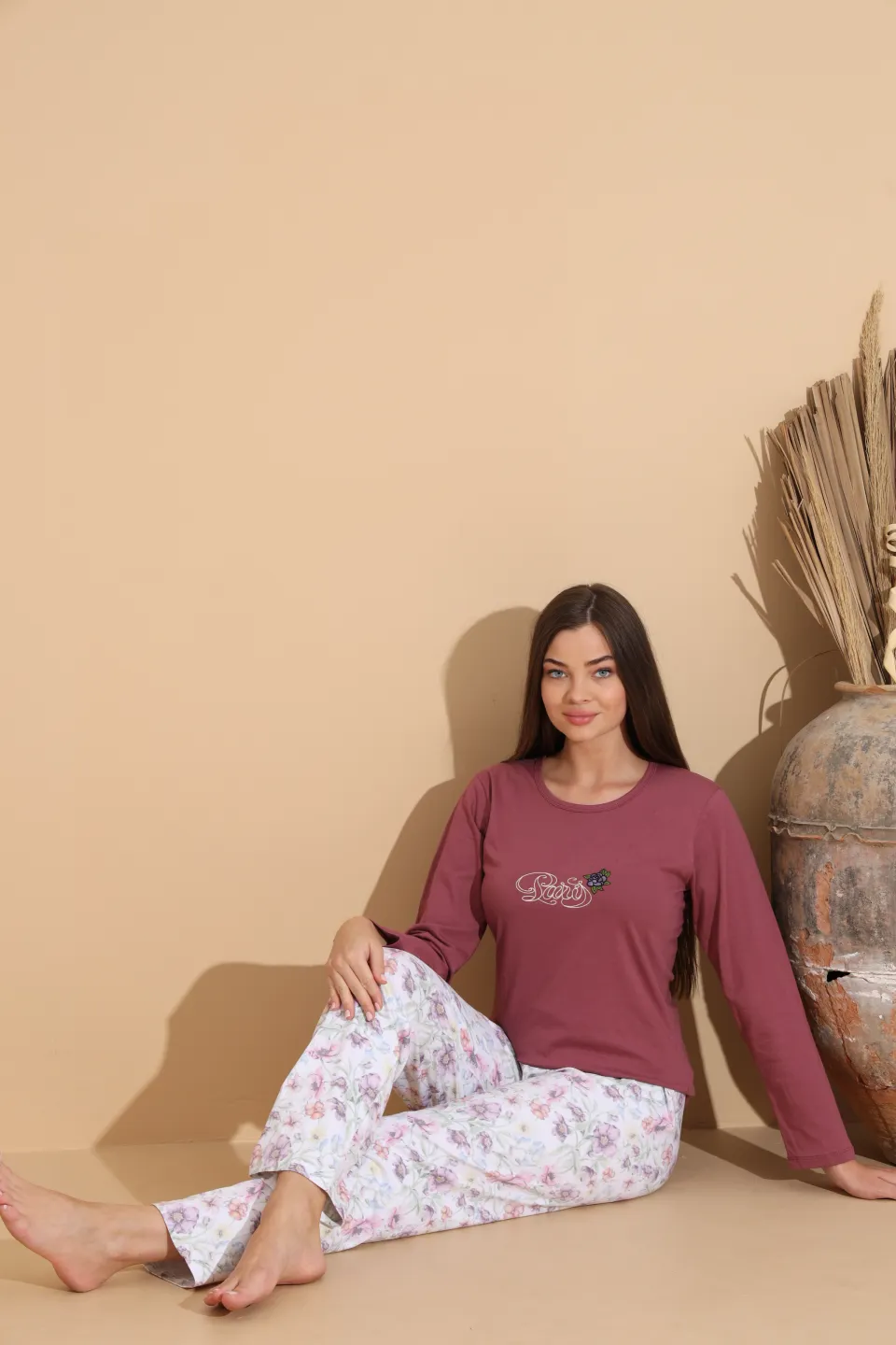 Pijama damă grena „PARIS” cu pantaloni lungi floral – 100% bumbac - 2