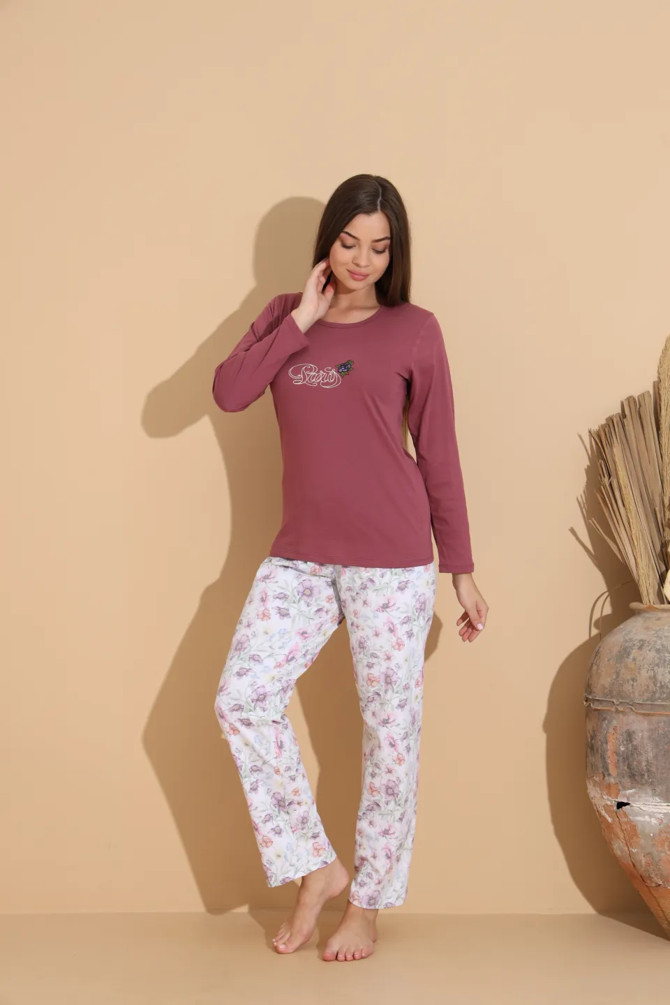 Pijama damă grena „PARIS” cu pantaloni lungi floral – 100% bumbac - 3
