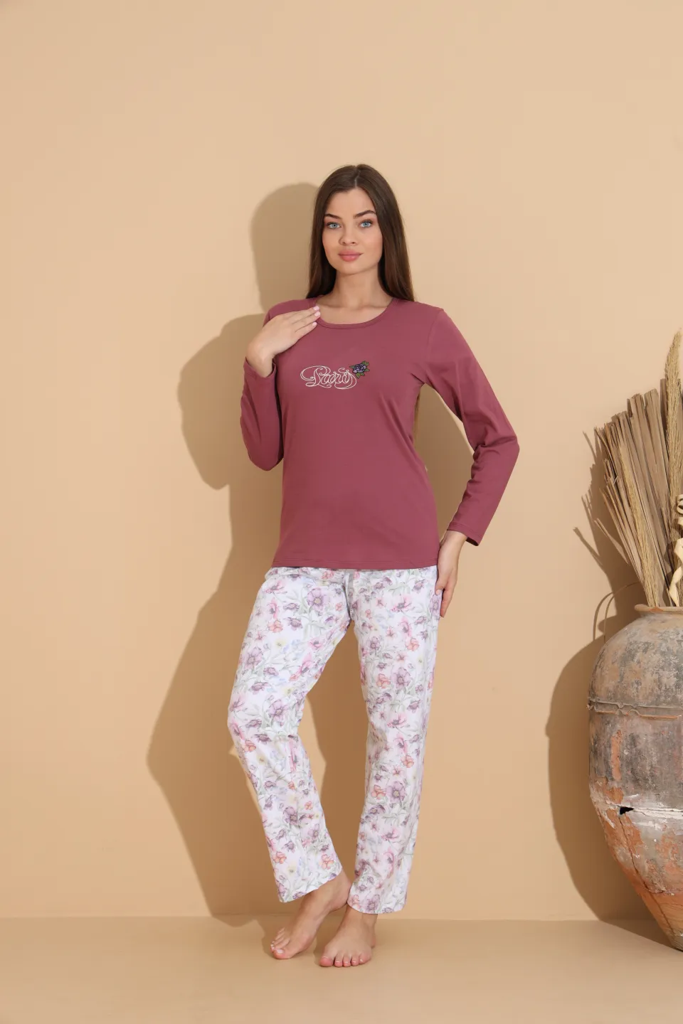 Pijama damă grena „PARIS” cu pantaloni lungi floral – 100% bumbac - 4