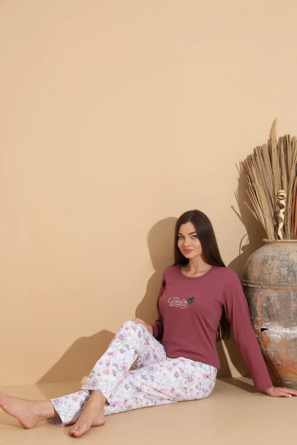 Pijama damă grena „PARIS” cu pantaloni lungi floral – 100% bumbac - 5