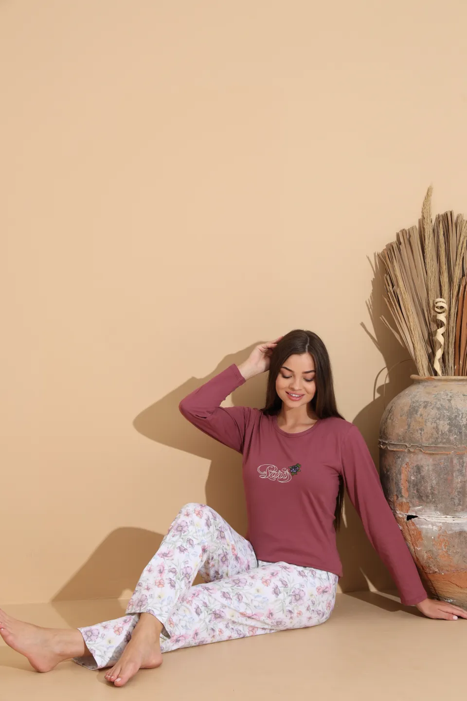 Pijama damă grena „PARIS” cu pantaloni lungi floral – 100% bumbac - 1