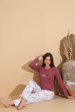 Pijama damă grena „PARIS” cu pantaloni lungi floral – 100% bumbac