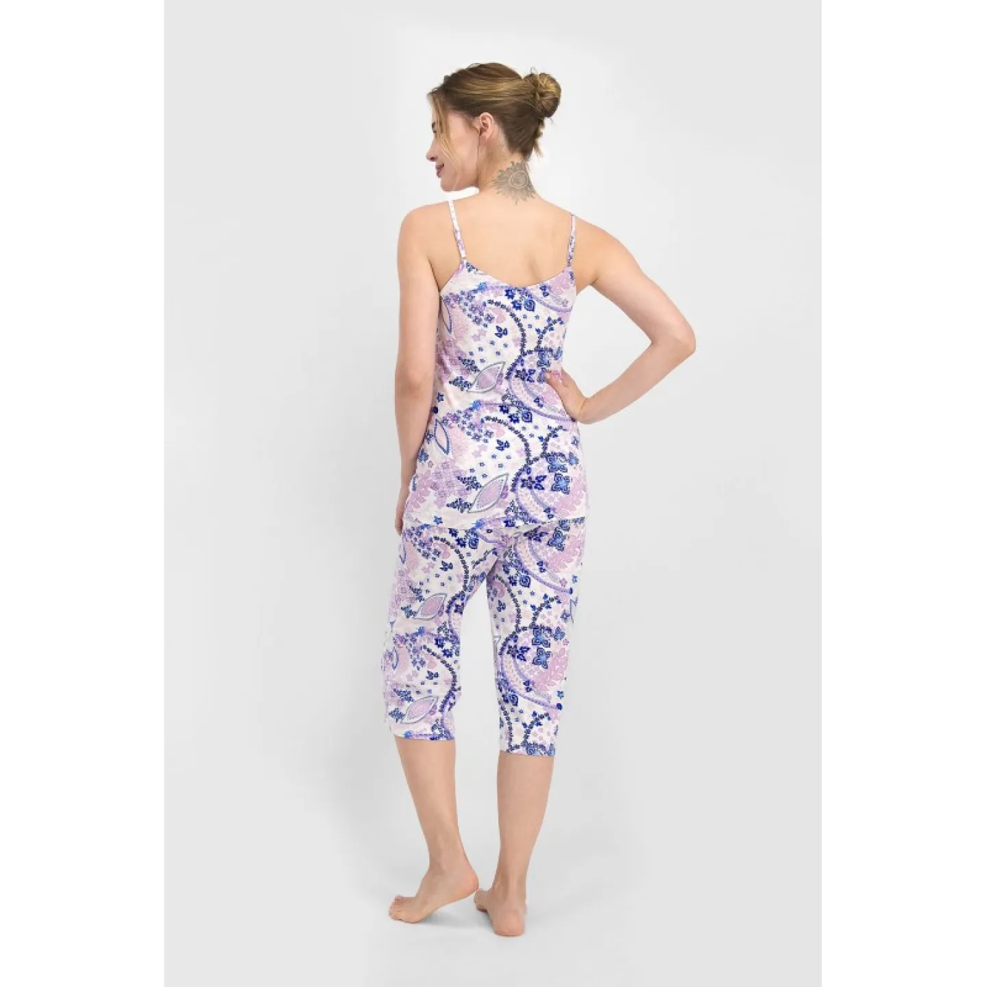 Pijama dama, maieu cu dantela si imprimeu floral, pantaloni 3/4, Mov - 3