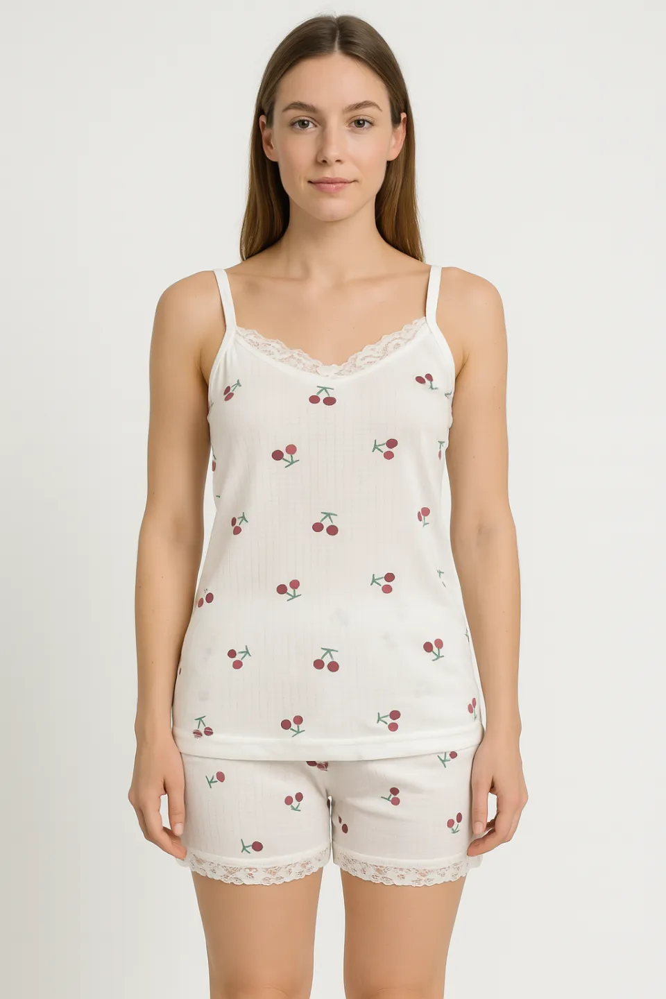 Pijama damă maiou și short – bretele subțiri, dantelă delicată, croială lejeră, imprimeu cu cirese - 1